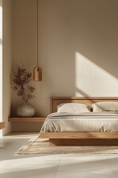 platform bed, wooden bed frame, low profile bed, modern bed, king bed frame, bedroom furniture, brand awareness, minimalist, lifestyle, calm, luxurious, neutral, brown